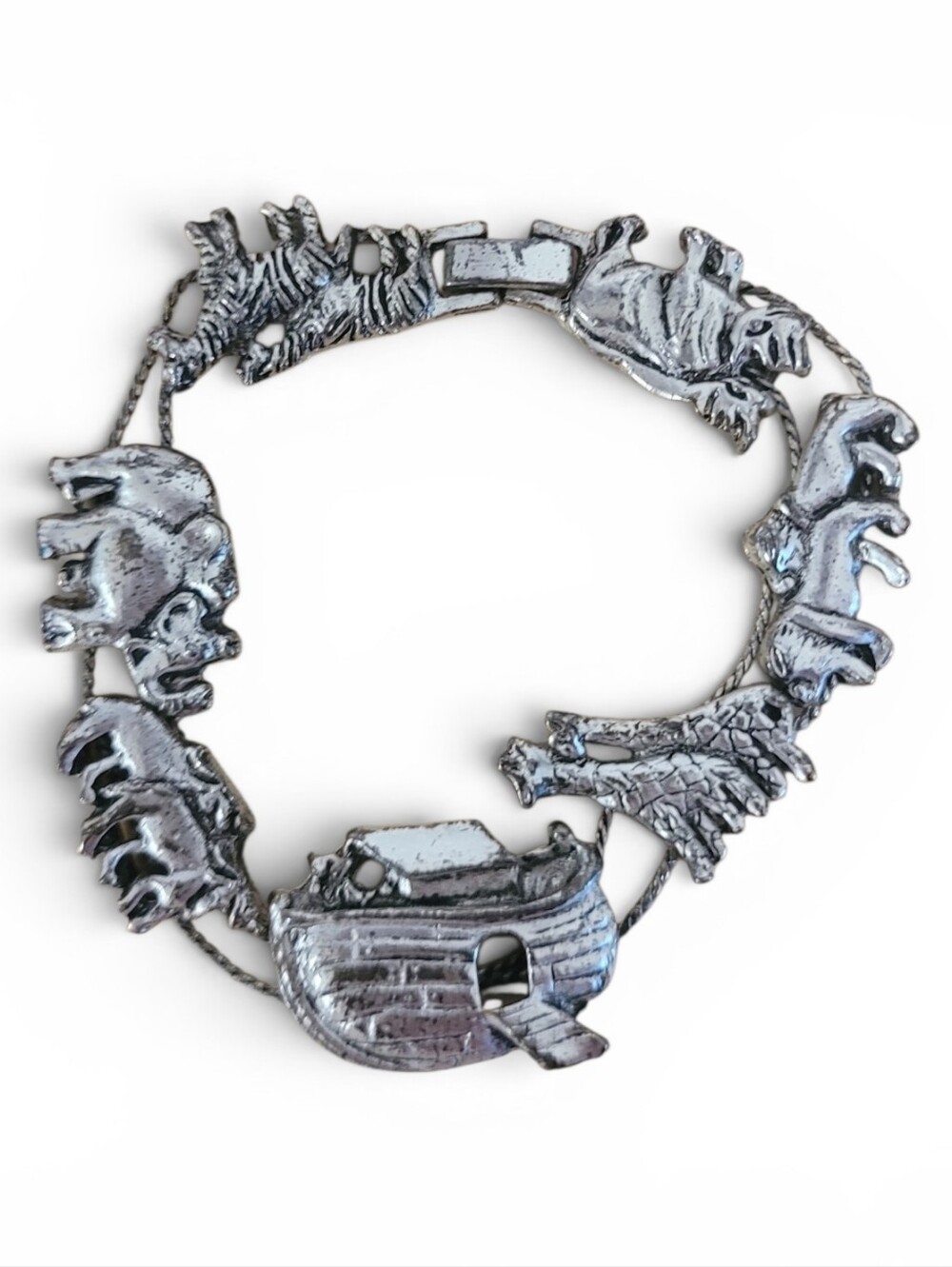 Vintage Silver Tone Pewter Noah's Ark Animal Link Bracelet Biblical Christian 7"